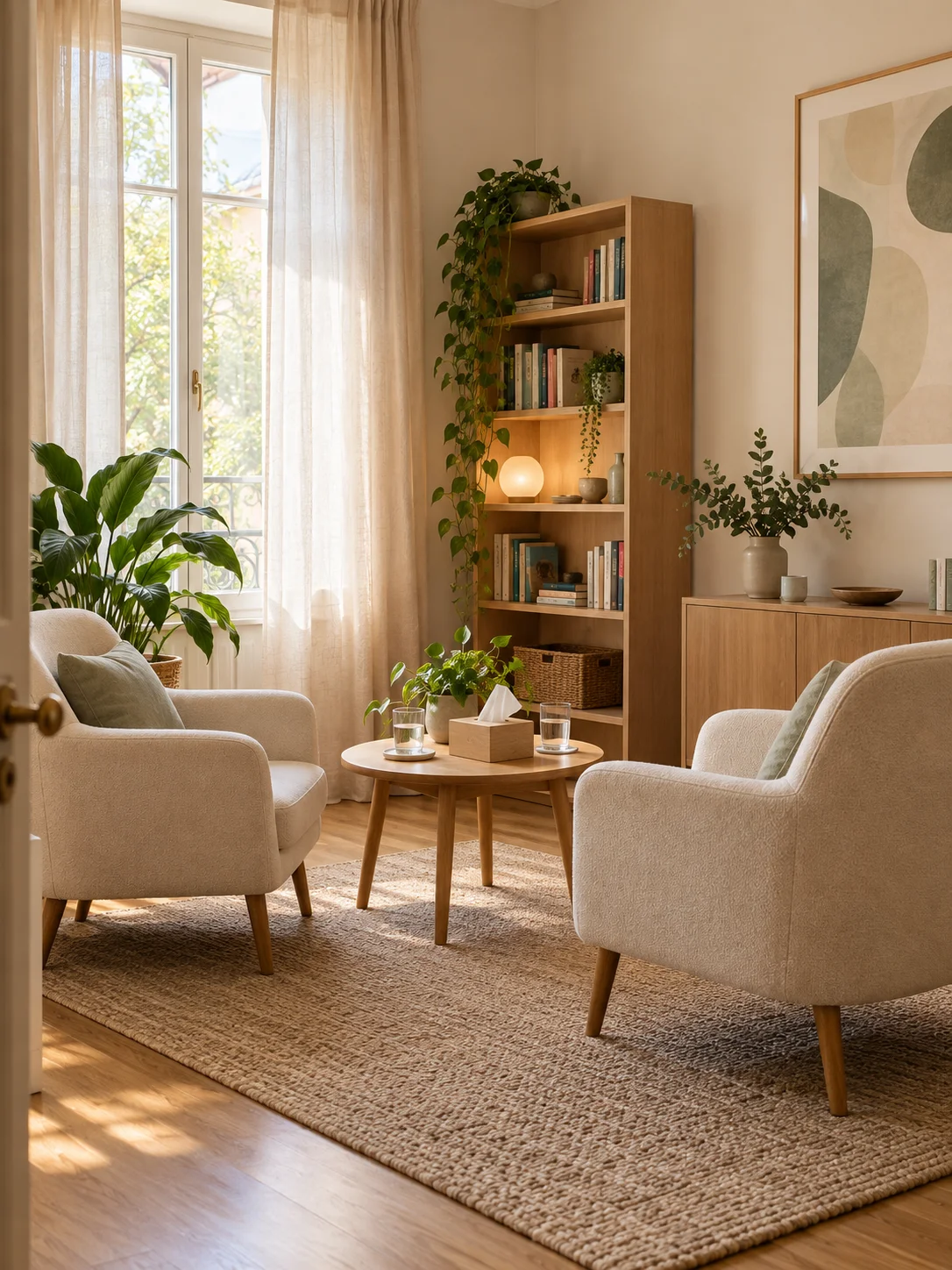 Studio accogliente con due poltrone, una libreria e luce naturale