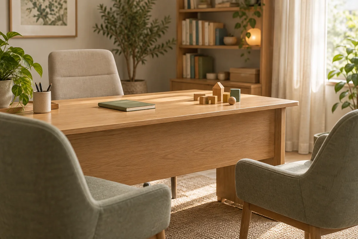 Scrivania in legno con sedute vuote, un quaderno e piccoli giochi in legno